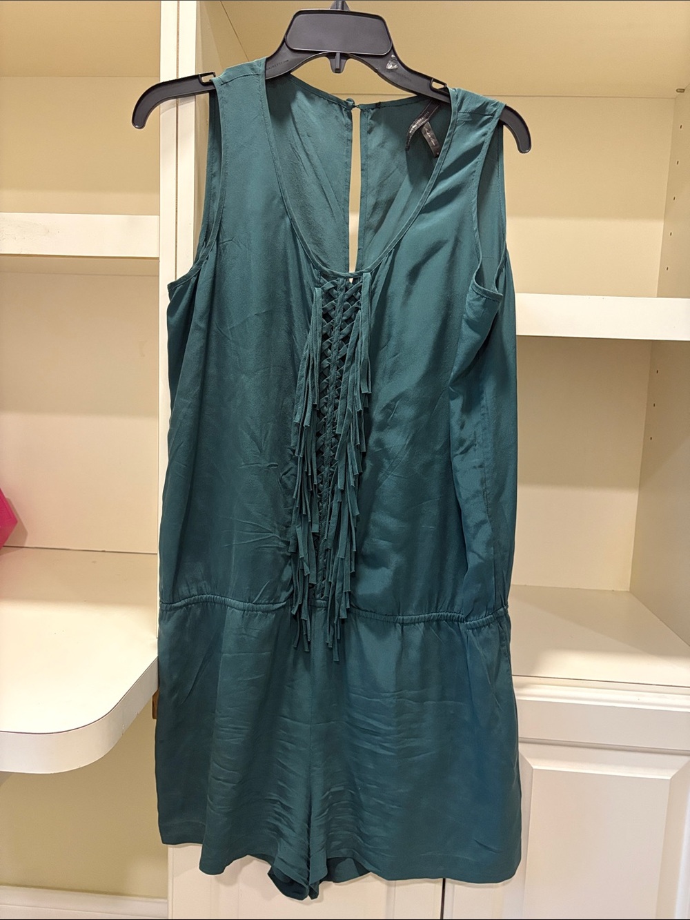 BCBGMAXAZRIA Sleeveless Teal Fringed V-Neck Women's Dress
